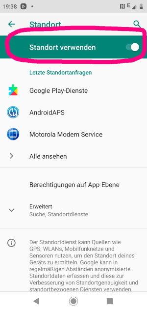 Android settings location
