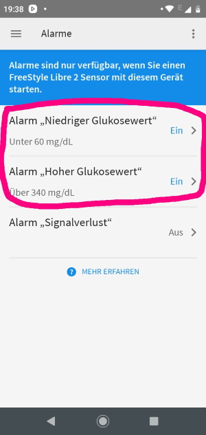 LibreLink settings alarm